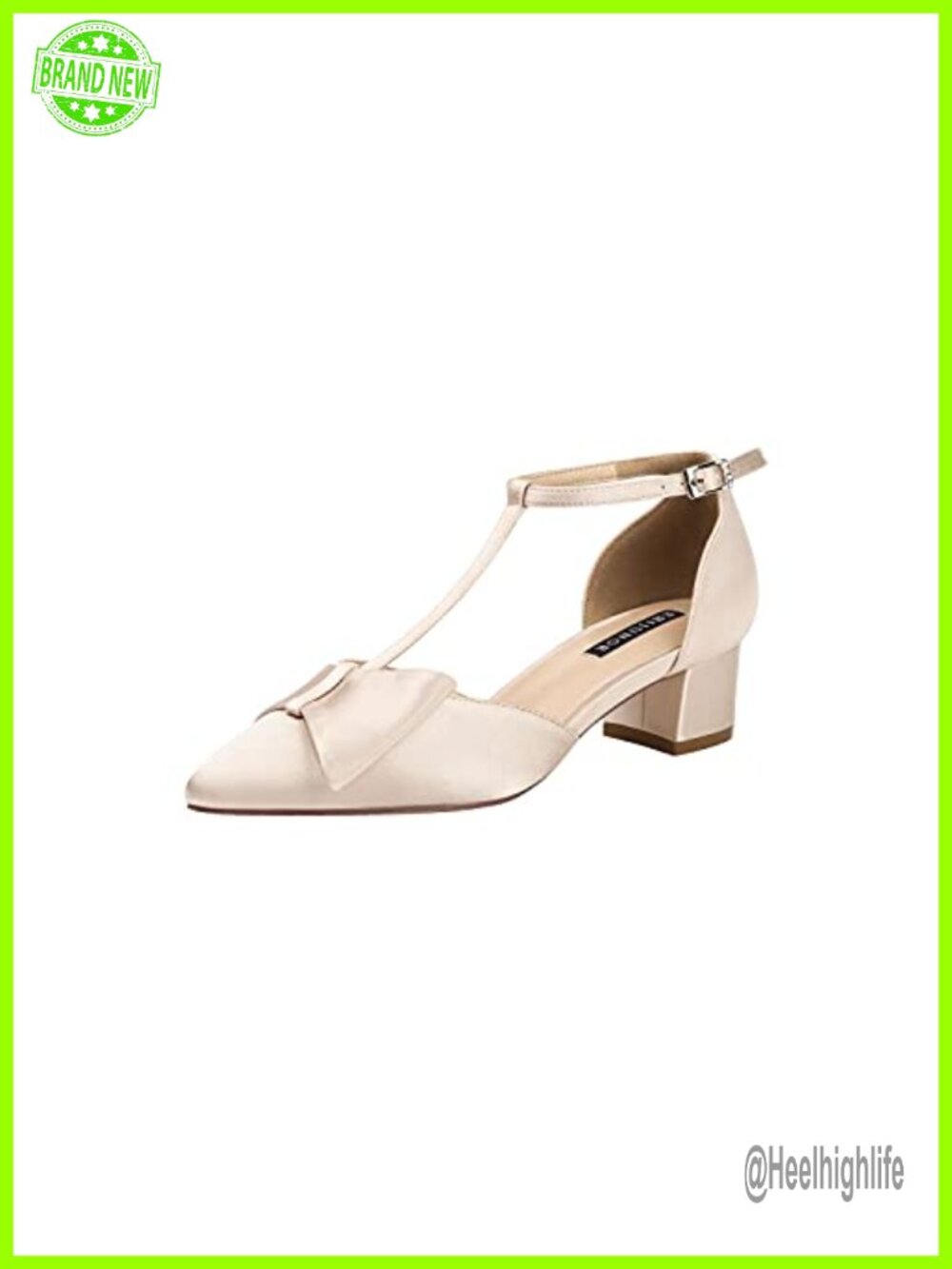 Chunky Low Heels Pointy Toe T-Strap Satin Bow Dress Shoes for Women